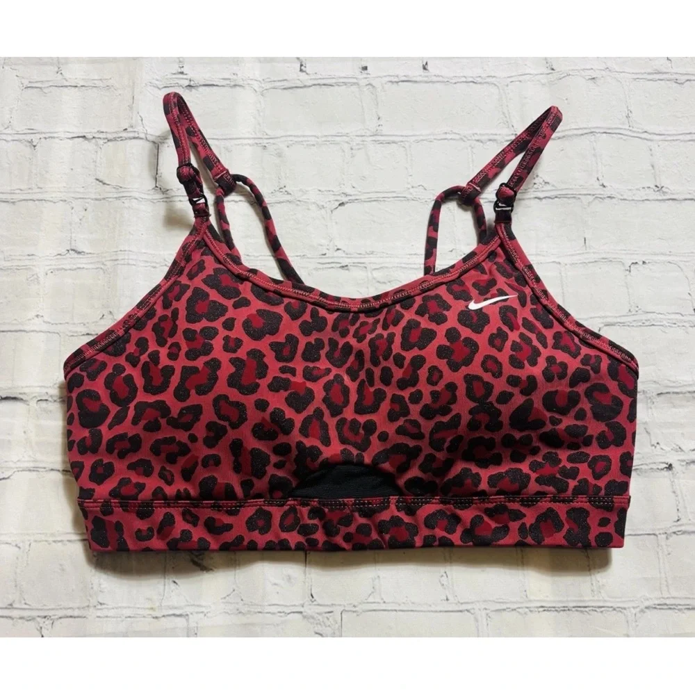 Nike Women's M Indy Red/Black Leopard Glitter LS Padded Sports Bra DD1387-661